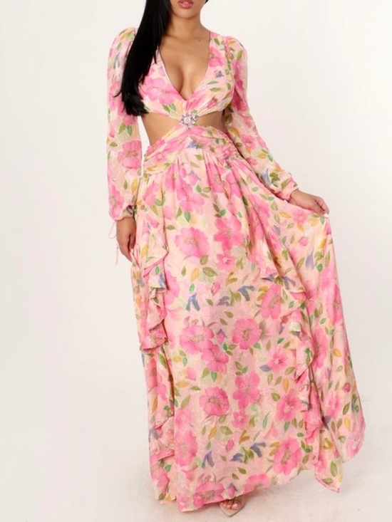 H&Y COLLECTION Dresses & Skirts - LONG SLEEVE PINK FLORAL MAXI DRESS WITH RUFFLES AND CUTOUT